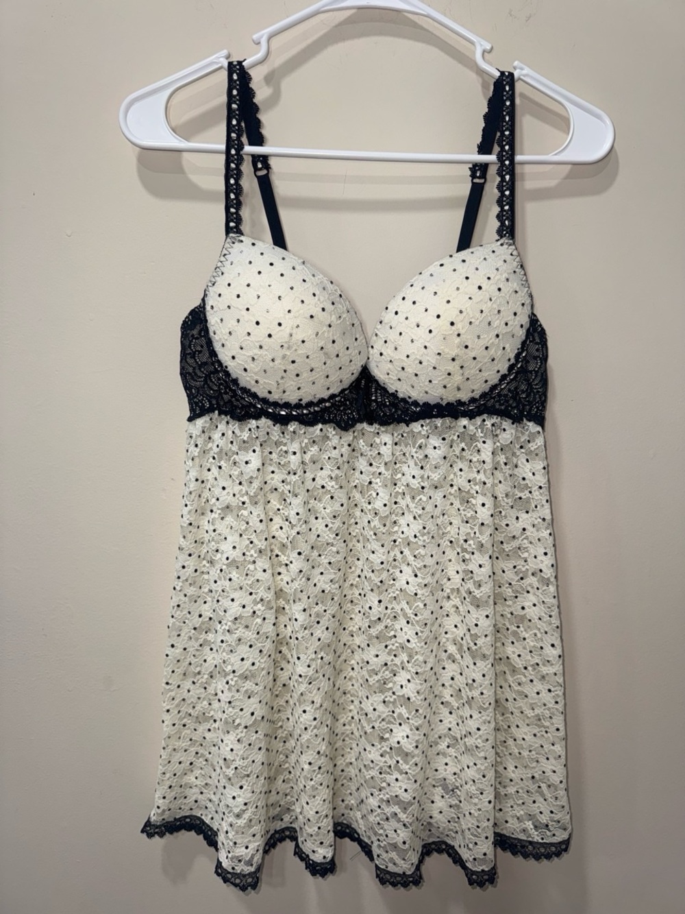 Delicate Lace Trim Polka Dot Babydoll Nightdress - Cream & Black